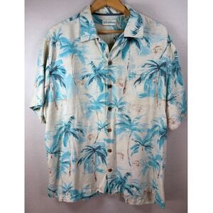 Caribbean Mens 100% Silk Palm Tree Print Button Down Shirt XL Tropical Blue Tan